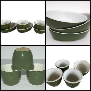 Hall Ceramic 6 Pc (3) 2081 Olive Green Boston Baker Dish (3) 352 Ramekin Cups